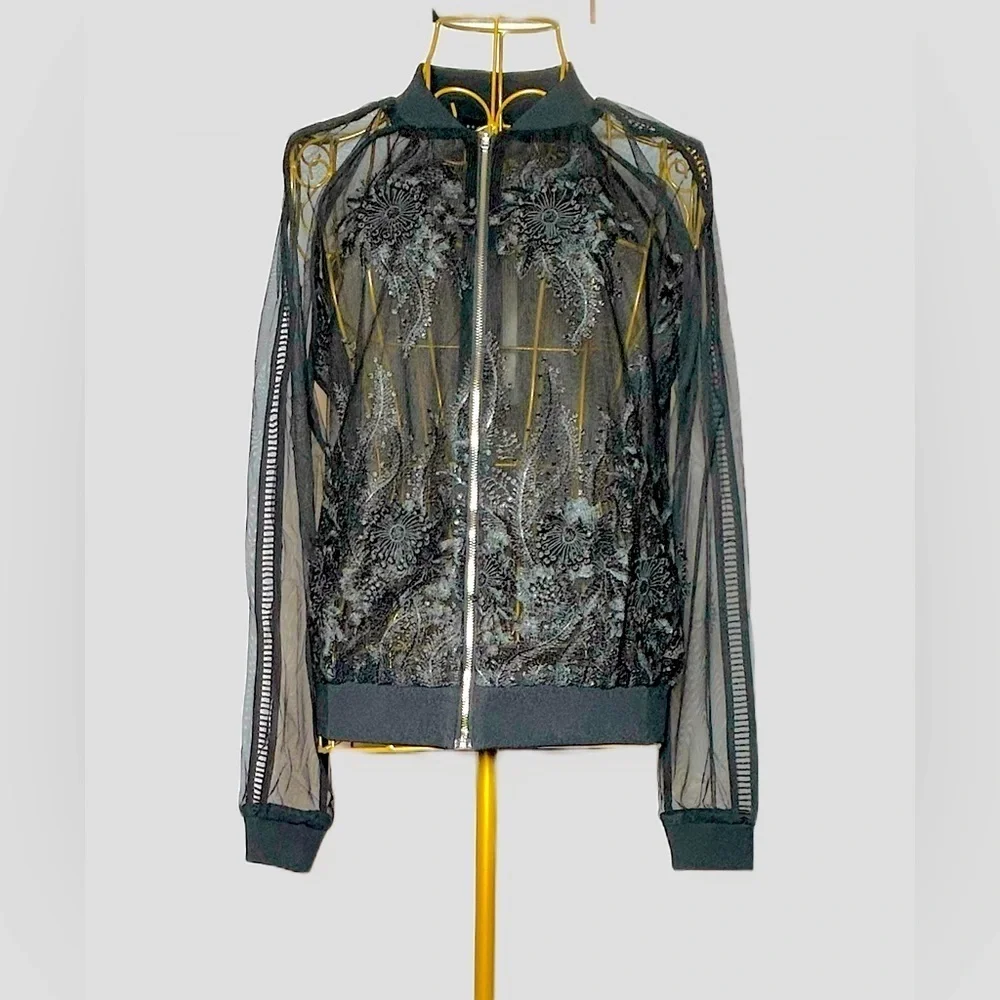 NWT Revolve Endless Rose Lace Mesh Black Bomber Jacket, Zipper, Sizes XS & S - Picture 5 of 16